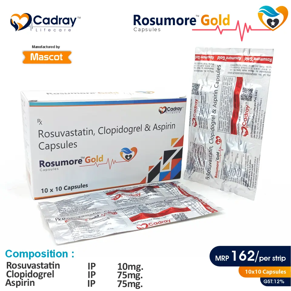 Triple-action cardiovascular support with Aspirin, Rosuvastatin & Clopidogrel. WHO GMP certified, available for PCD pharma franchise.